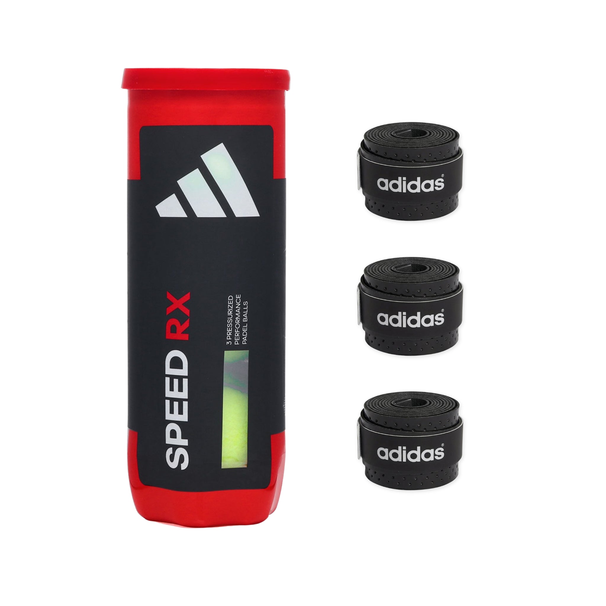 KIT BOLA ADIDAS SPEED RX TUBO x3+ OVERGRIP ADIDAS PERFURADO x3 BRANCO/PRETO